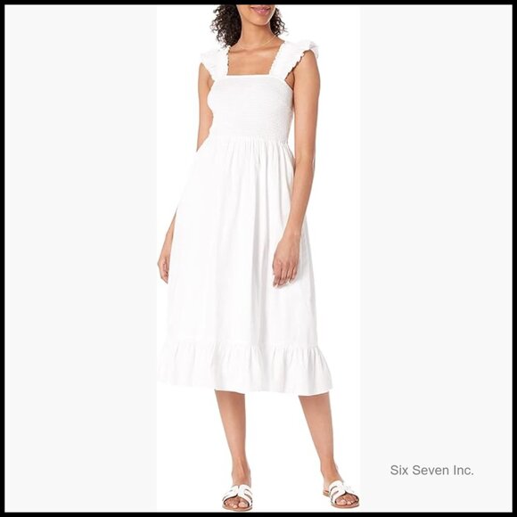 Dresses & Skirts - Cotton Smocked Midi Dress with Ruffled Shoulders